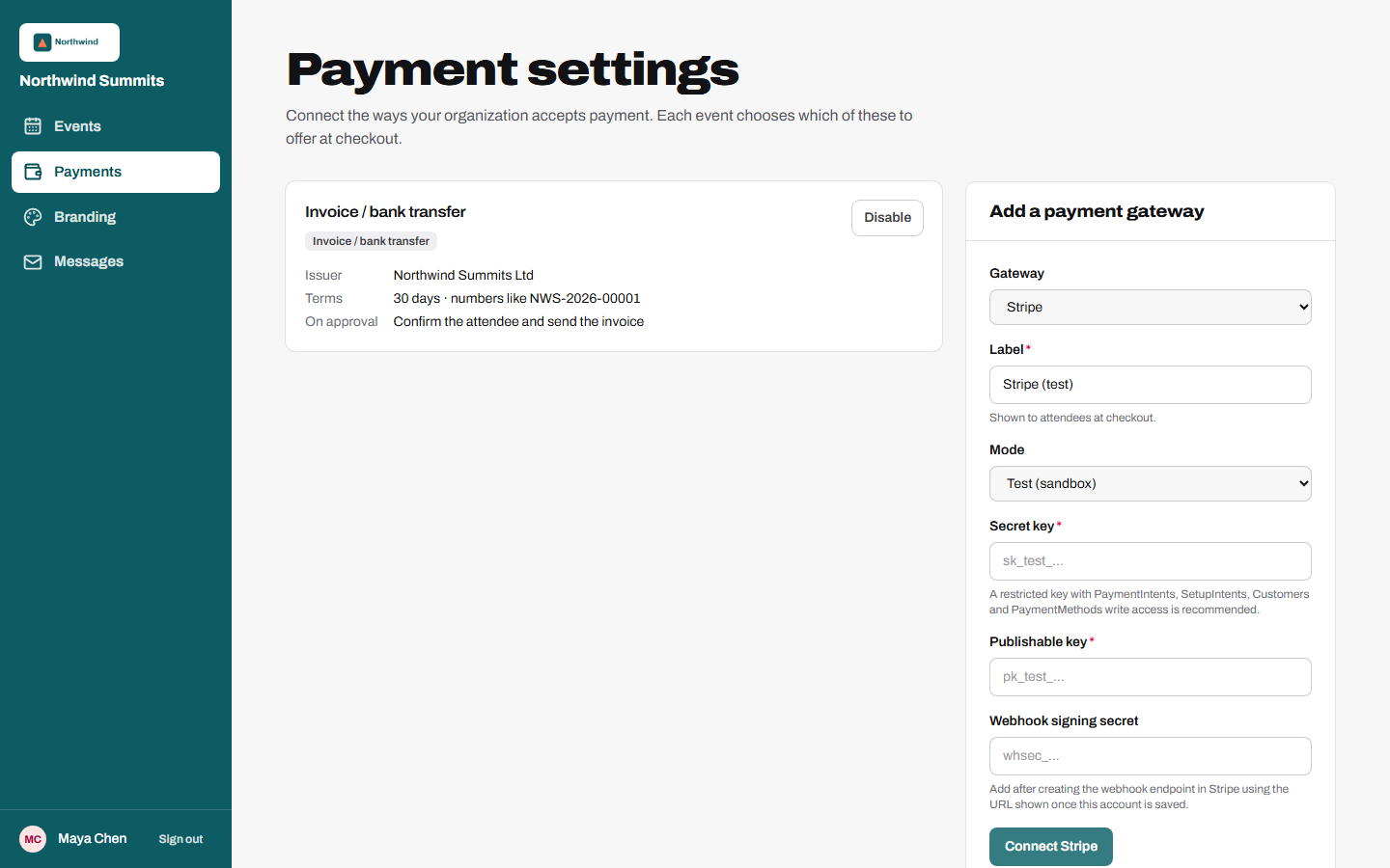 Payment accounts: card gateways and invoice / bank transfer.