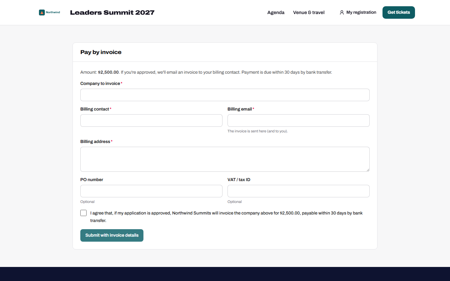 Paying by invoice: company billing details, PO number and consent.